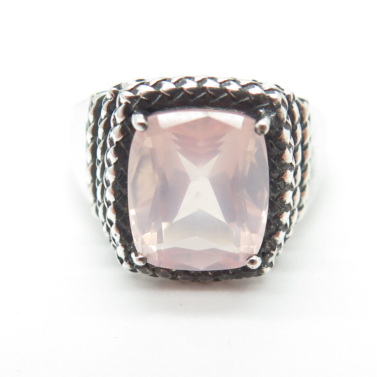 MICHELLE ALBALA 925 Sterling Silver Vintage Rose Quartz Wicker Ring Size 10