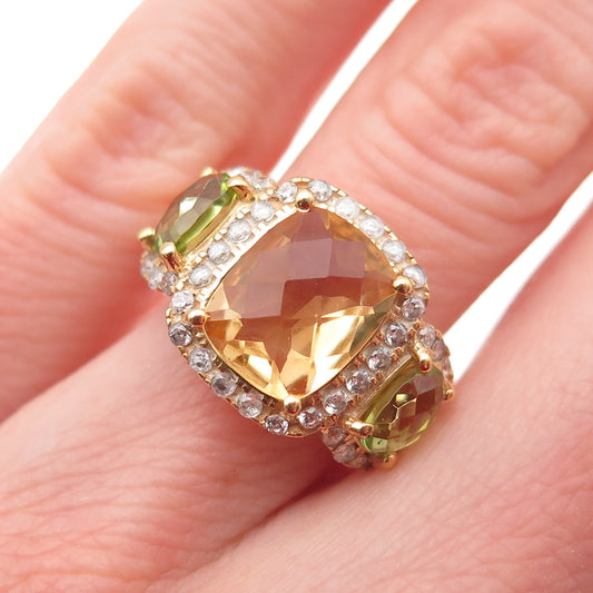 DSMK 925 Sterling Silver Gold Plated Real Citrine Topaz & Peridot Ring Size 5.5