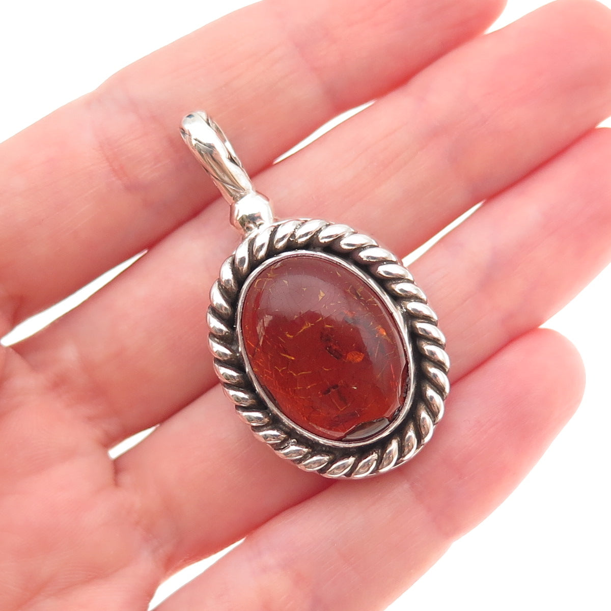 Suarti Bali 925 Sterling Silver Vintage Real Amber Oxidized Charm Pendant