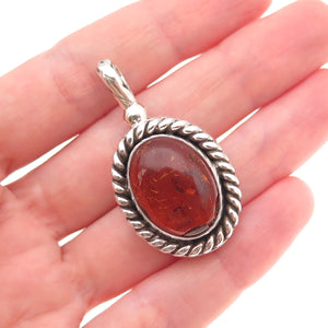 Suarti Bali 925 Sterling Silver Vintage Real Amber Oxidized Charm Pendant