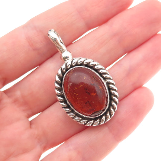 Suarti Bali 925 Sterling Silver Vintage Real Amber Oxidized Charm Pendant