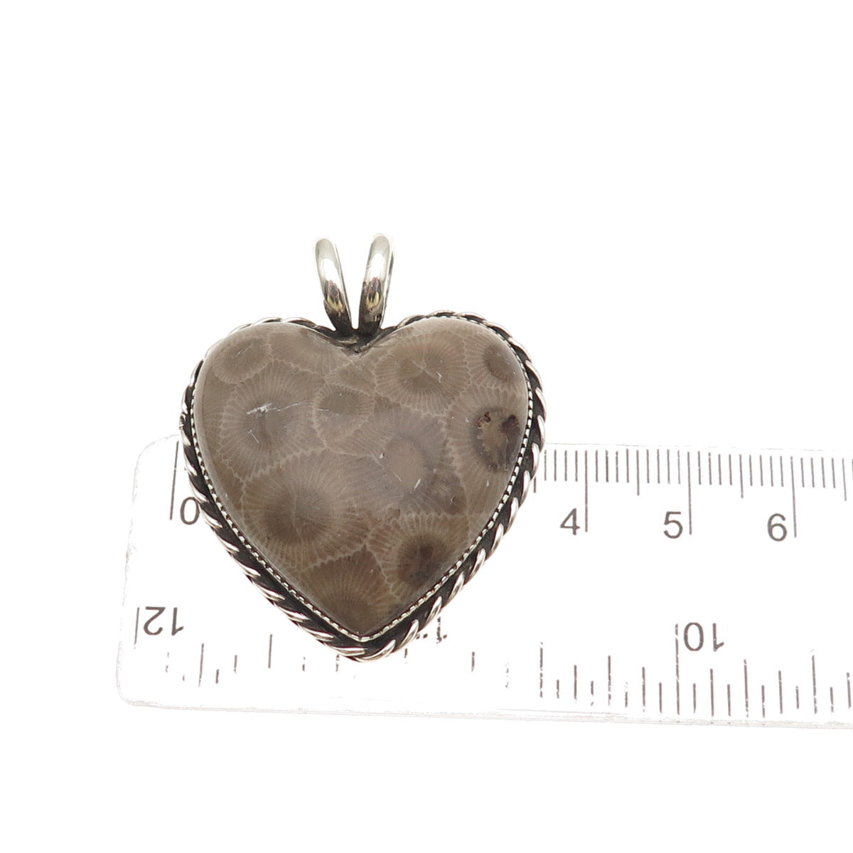 925 Sterling Silver Vintage WT Artisan Real Fossil Heart Heavy 21.7g Pendant