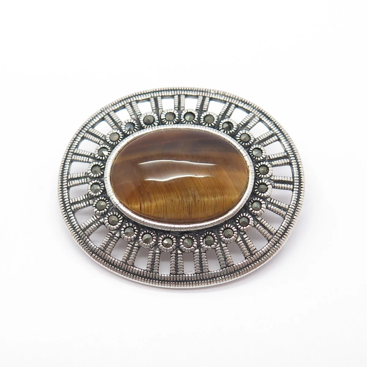 925 Sterling Silver Vintage Real Tiger Eye Gem Ornate Oval Pin Brooch