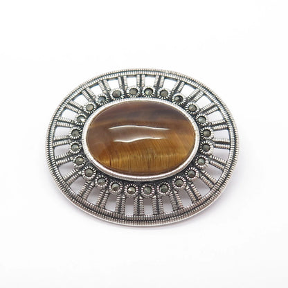 925 Sterling Silver Vintage Real Tiger Eye Gem Ornate Oval Pin Brooch