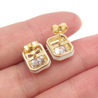 925 Sterling Silver Gold Plated Radiant-Cut Shaped C Z Red Enamel Stud Earrings
