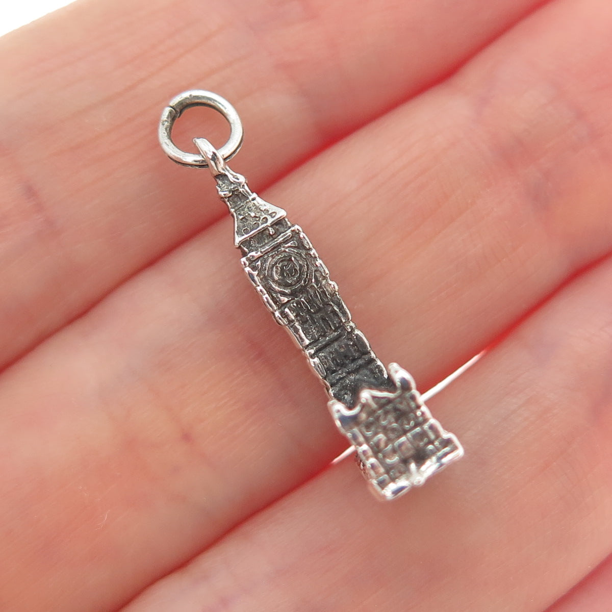 925 Sterling Silver Vintage Big Ben Oxidized Minimalist 3D Charm Pendant