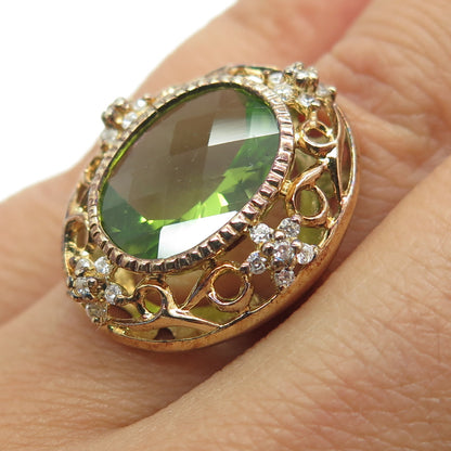 925 Sterling Silver Gold Plated Real Oval-Cut Peridot C Z Floral Ring Size 6.25