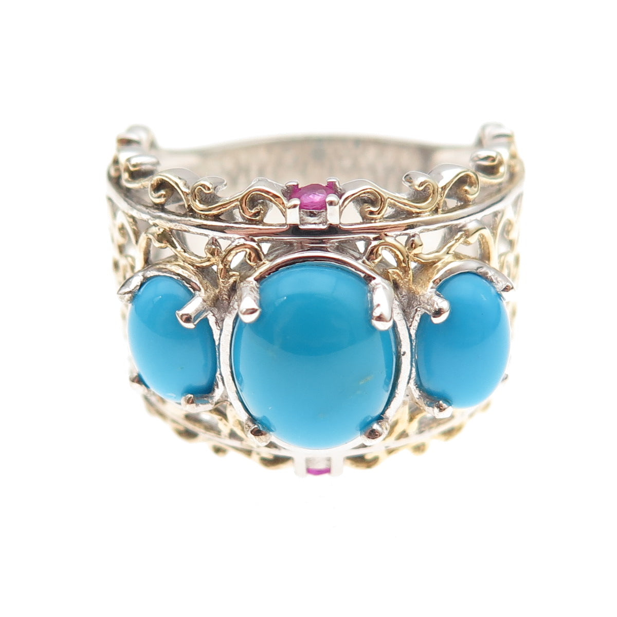 Chuck Clemency 925 Sterling Silver 2-Tone Real Turquoise & Ruby Ring Size 8.5