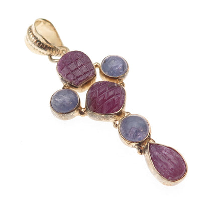 925 Sterling Silver Gold Plated Real Ruby & Tanzanite Cross Charm Pendant