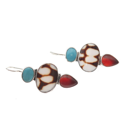 925 Sterling Silver Vintage Real Turquoise & Carnelian Dangle Earrings