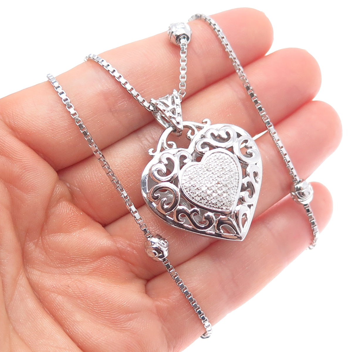 DASAN 925 Sterling Real Diamond Heart Bead By The Yard Box Chain Necklace 18-20"