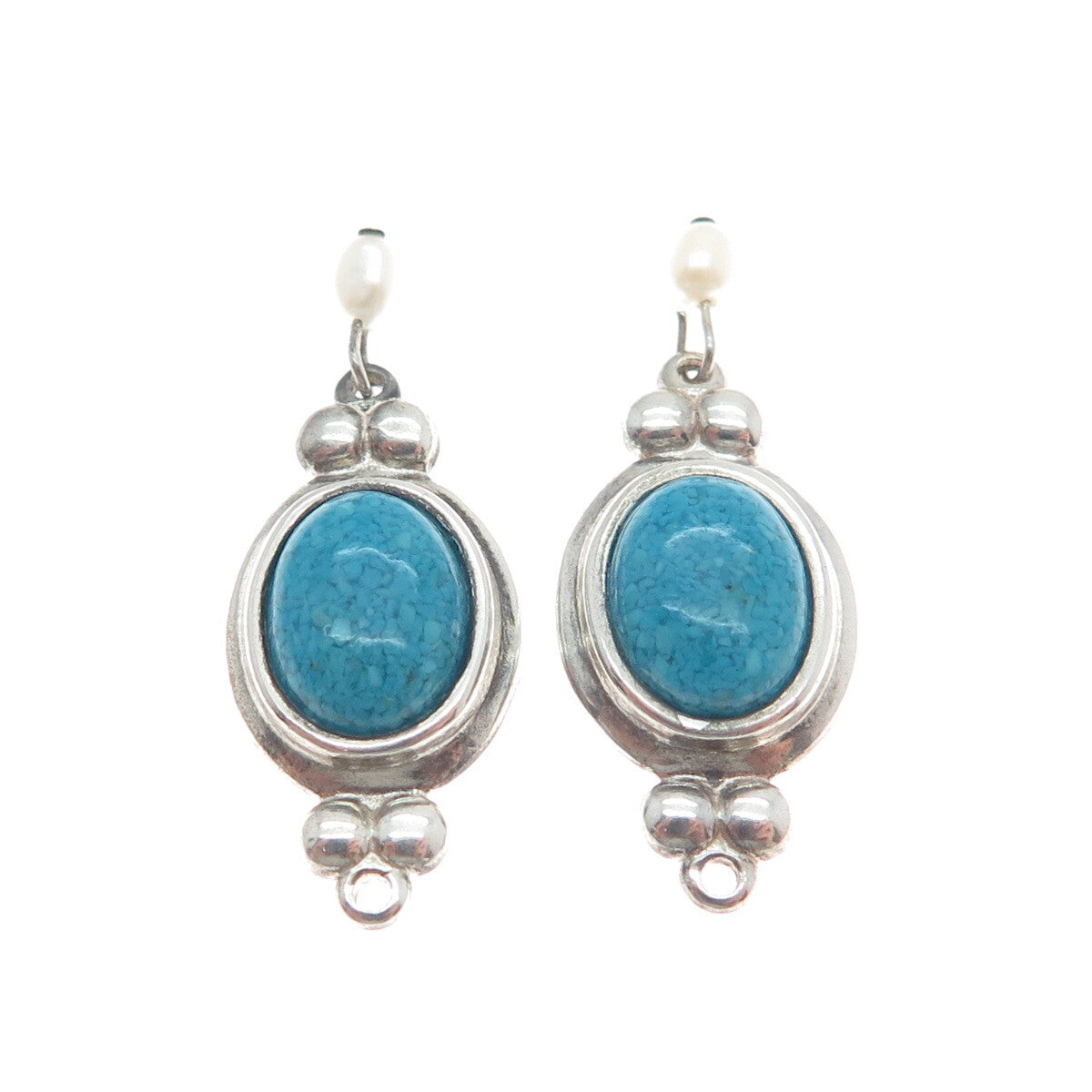 COLEMAN CO. 925 Sterling Silver Vintage Turquoise Gem & Pearl Jacket Earrings