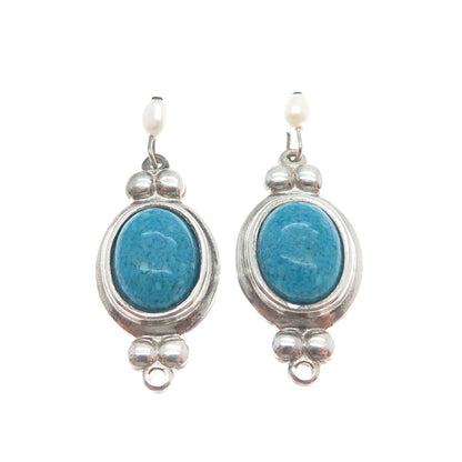 COLEMAN CO. 925 Sterling Silver Vintage Turquoise Gem & Pearl Jacket Earrings