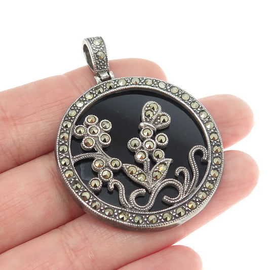 925 Sterling Silver Vintage Real Black Onyx & Marcasite Flower Round Pendant
