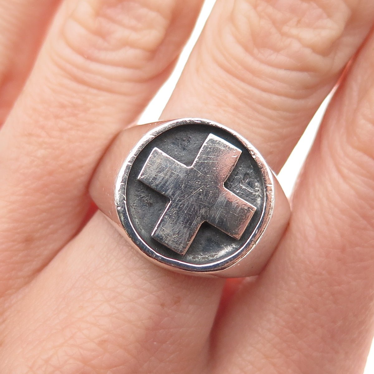 925 Sterling Silver Vintage Mexico Cross Oxidized Signet Ring Size 12