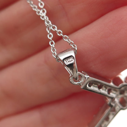 925 Sterling Silver Round-Cut C Z Floral Cross Cable Chain Necklace 18"
