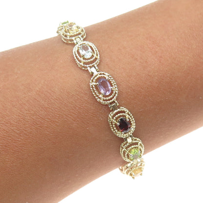 925 Sterling 2-Tone Vintage Amethyst Garnet Topaz Peridot Citrine Bracelet 6.75"