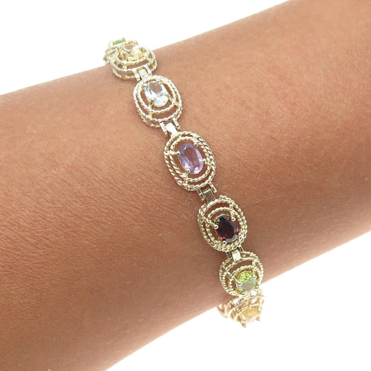 925 Sterling 2-Tone Vintage Amethyst Garnet Topaz Peridot Citrine Bracelet 6.75"