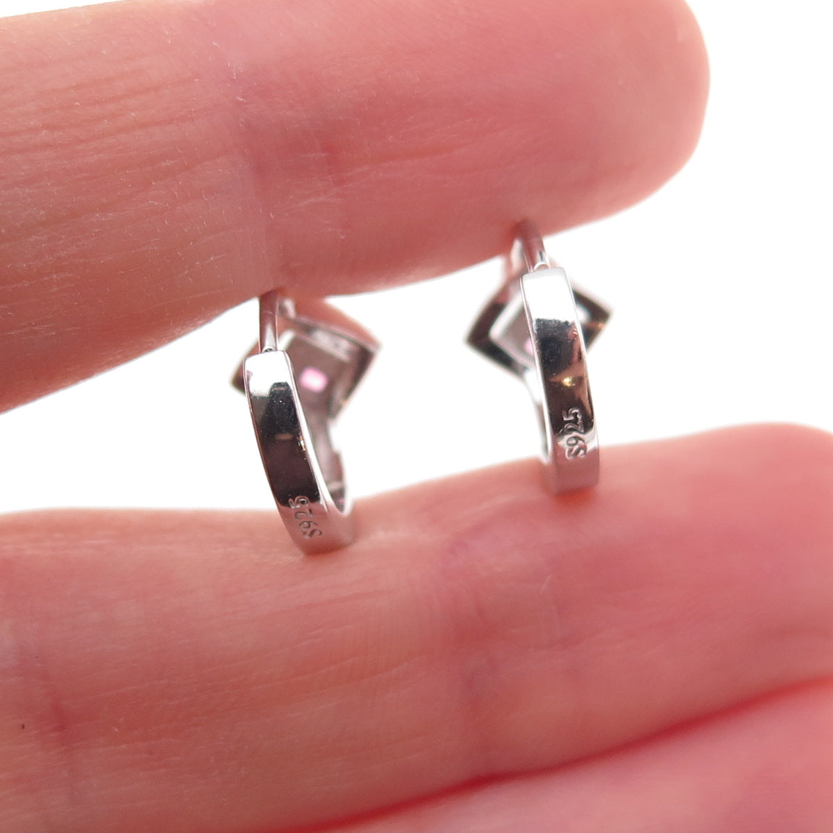 925 Sterling Silver Pink & White C Z Hoop Earrings
