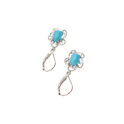 925 Sterling Silver Real Sleeping Beauty Turquoise Floral Dangle Earrings
