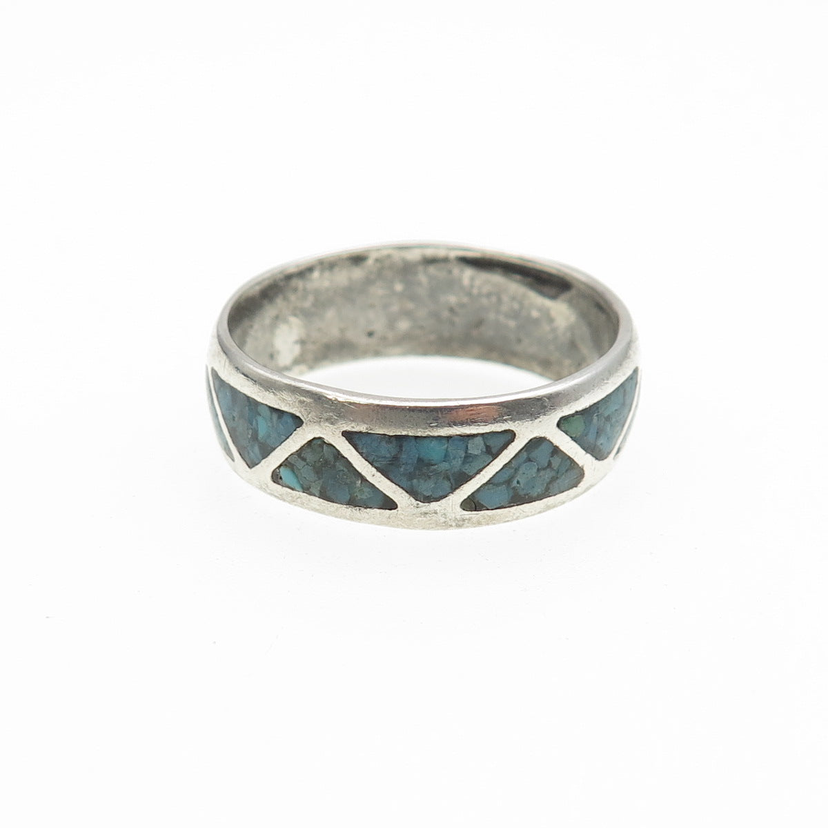Old Pawn 925 Sterling Silver Vintage Turquoise Inlay Tribal Band Ring Size 12.25