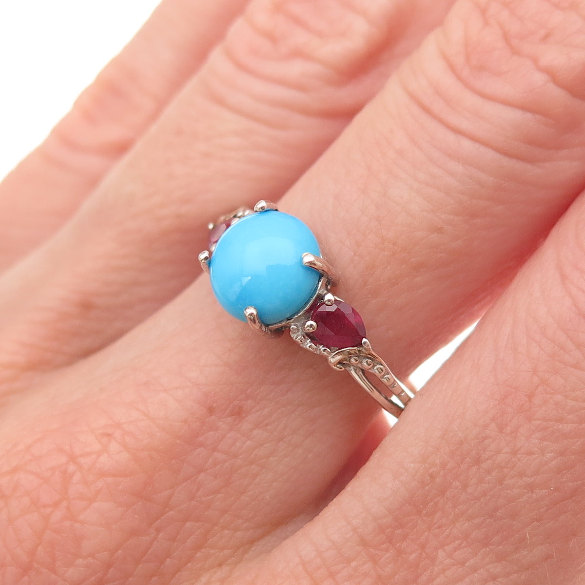 Chuck Clemency 925 Sterling Silver Real Turquoise & Red Sapphire Ring Size 9.25