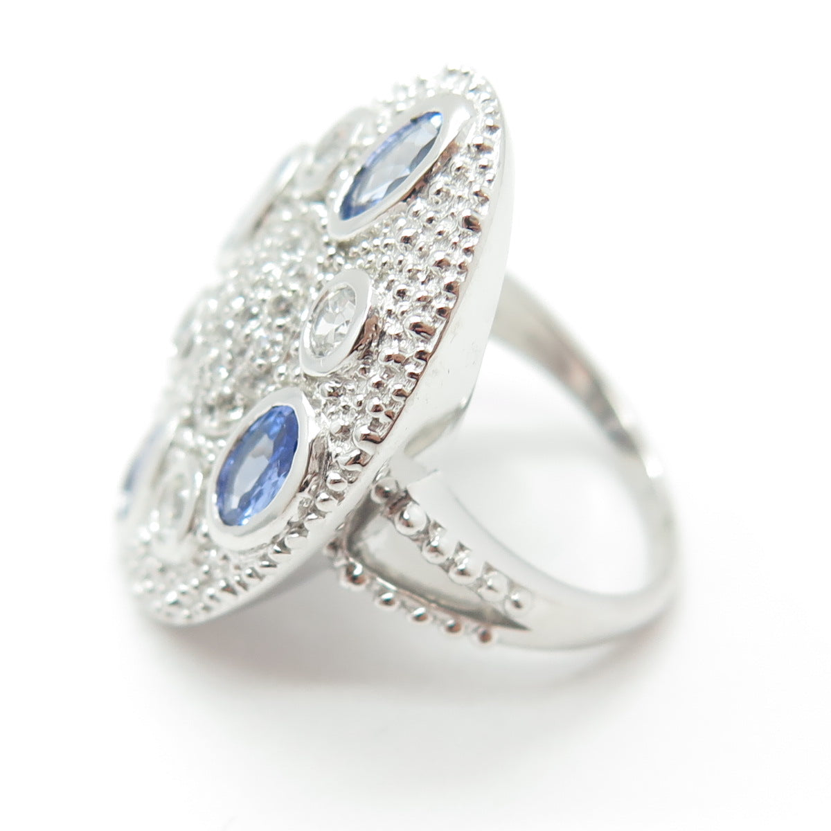 DSMK 925 Sterling Silver White Topaz & Tanzanite Gem Statement Ring Size 7.25