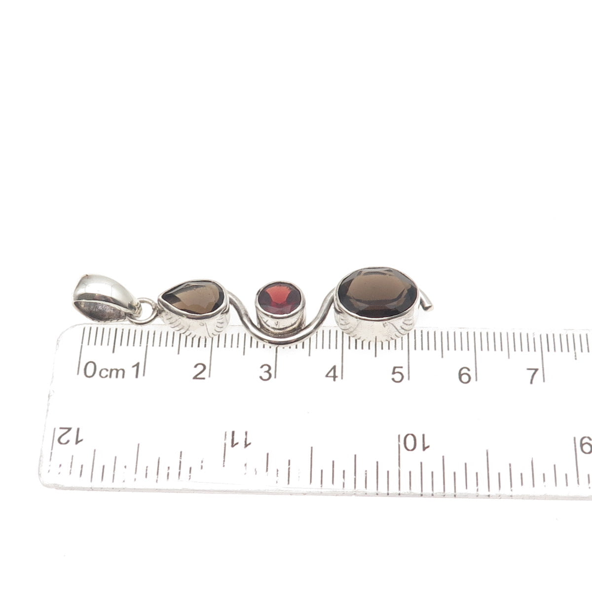 925 Sterling Silver Vintage Real Smoky Quartz & Red Garnet Wavy Charm Pendant