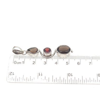 925 Sterling Silver Vintage Real Smoky Quartz & Red Garnet Wavy Charm Pendant