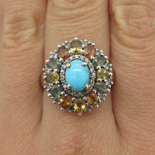 CHUCK CLEMENCY 925 Sterling Silver Real Turquoise Multi-Sapphire C Z Ring Size 8