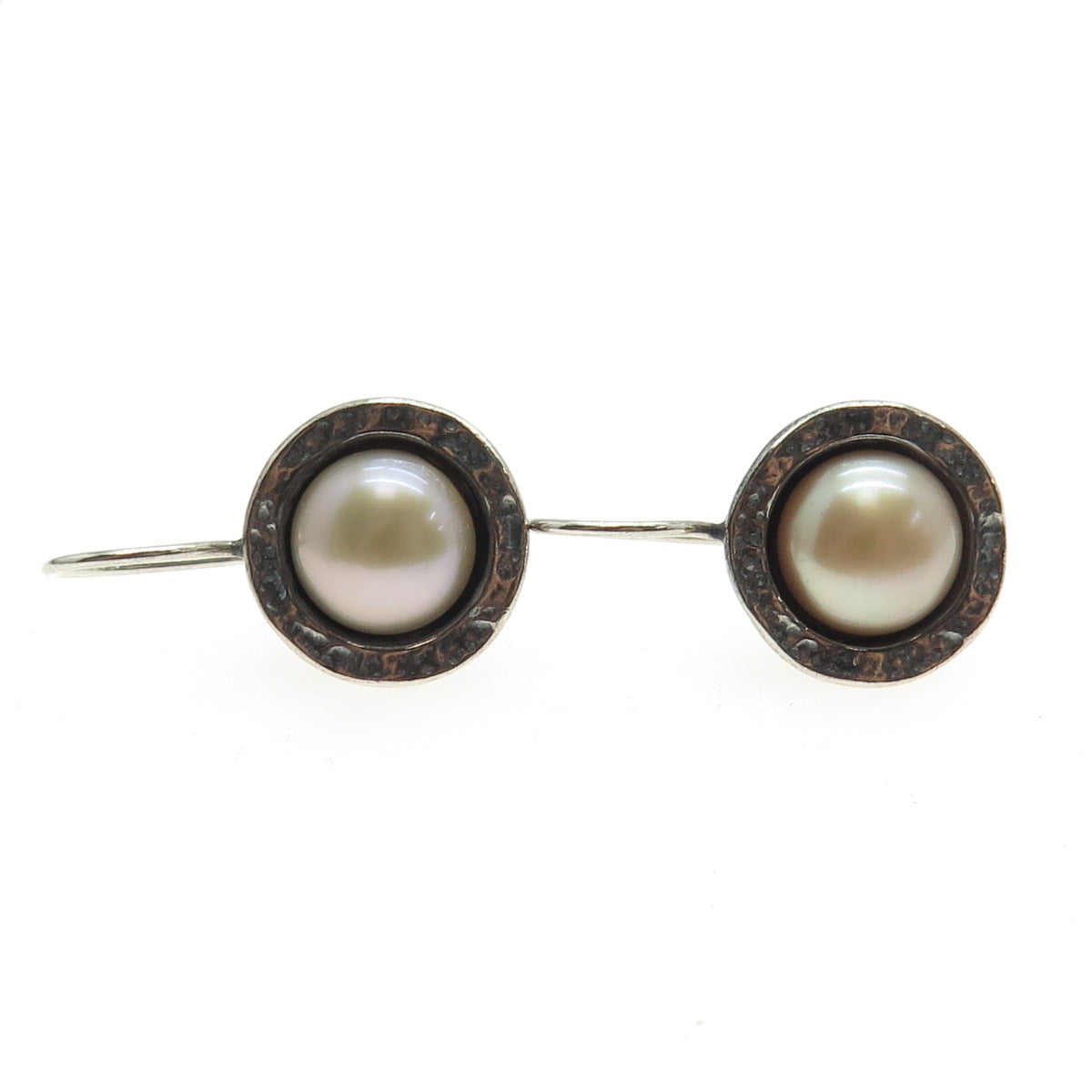 DIDAE 925 Sterling Silver Vintage Israel Real Pearl Hammered Finish Earrings