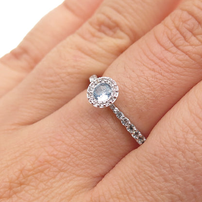 925 Sterling Silver Real Round-Cut Aquamarine & White Topaz Ring Size 6.25
