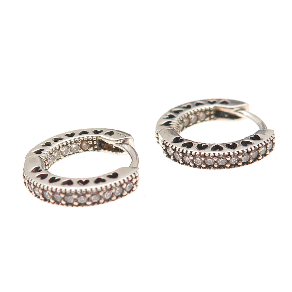 Pandora 925 Sterling Silver Round-Cut C Z Hearts In & Out Hoop Earrings
