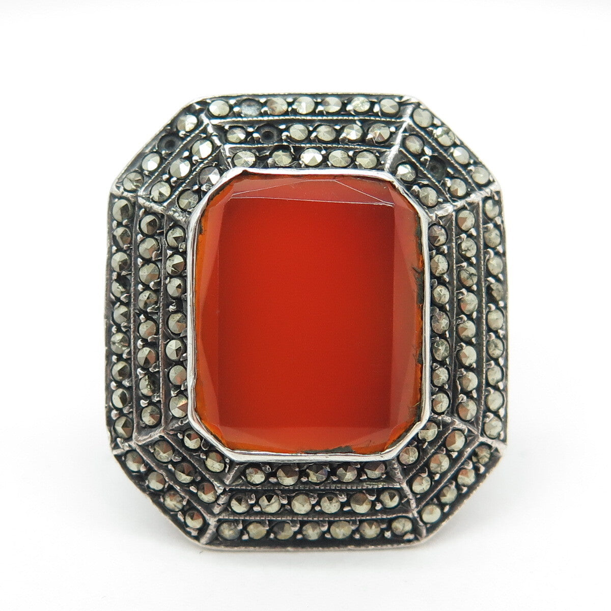 925 Sterling Silver Antique Art Deco Carnelian & Marcasite Gem Ring Size 4.25