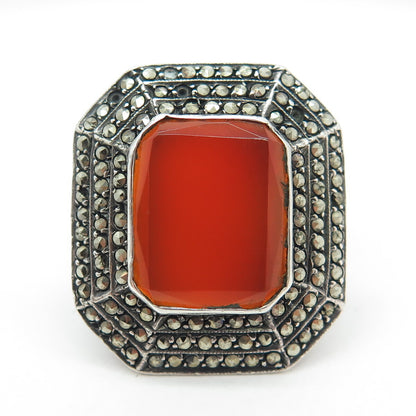 925 Sterling Silver Antique Art Deco Carnelian & Marcasite Gem Ring Size 4.25