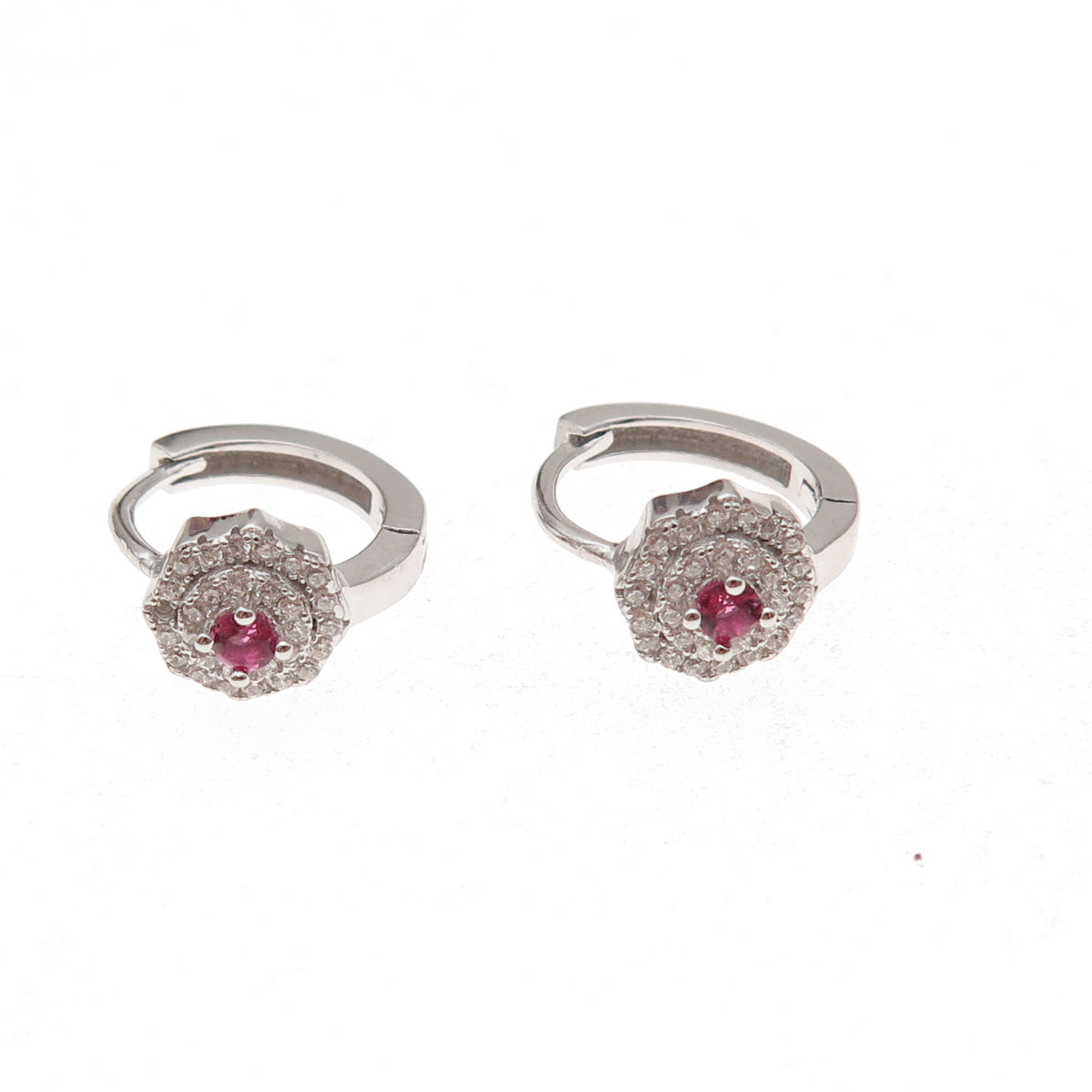 925 Sterling Silver Round-Cut Pink & White C Z Floral Hoop Earrings