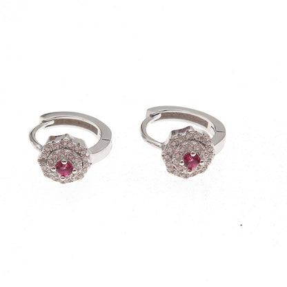 925 Sterling Silver Round-Cut Pink & White C Z Floral Hoop Earrings
