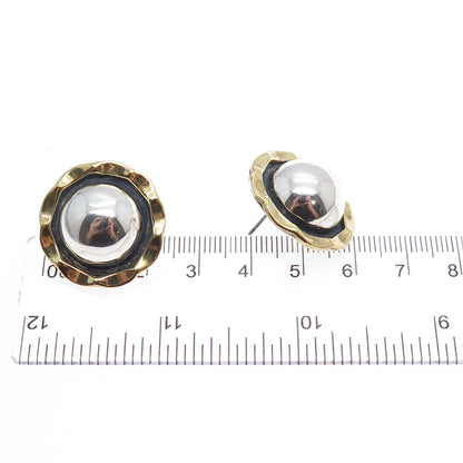 LATON Sterling Silver 2-Tone Vintage Mexico Modernist Flower Oxidized Earrings