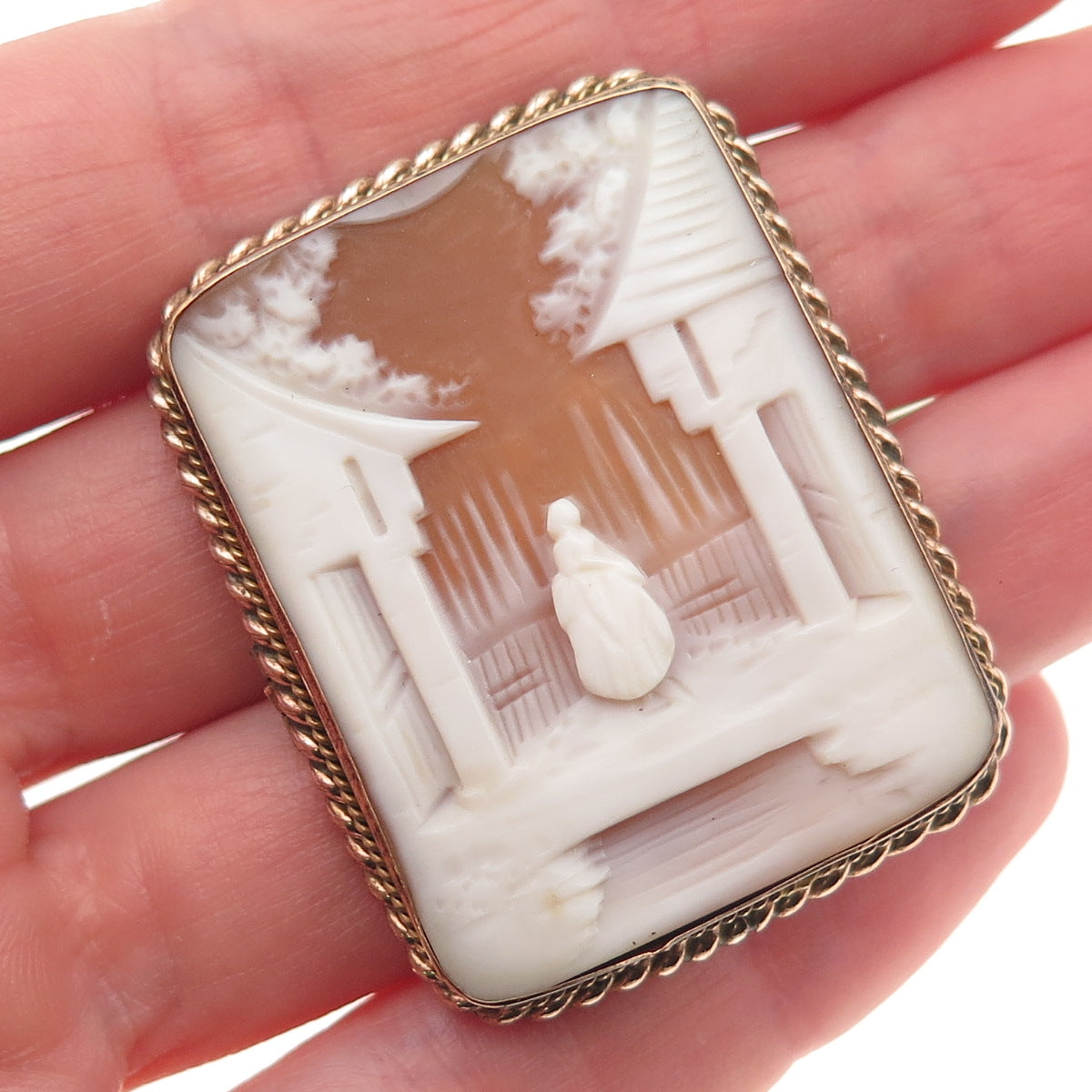 Gold Filled Antique Art Deco Real MOP Carved Lady Cameo Pin Brooch