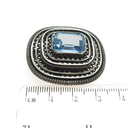 925 Sterling Silver Antique Art Deco Real Blue Topaz Gem Oxidized Pin Brooch