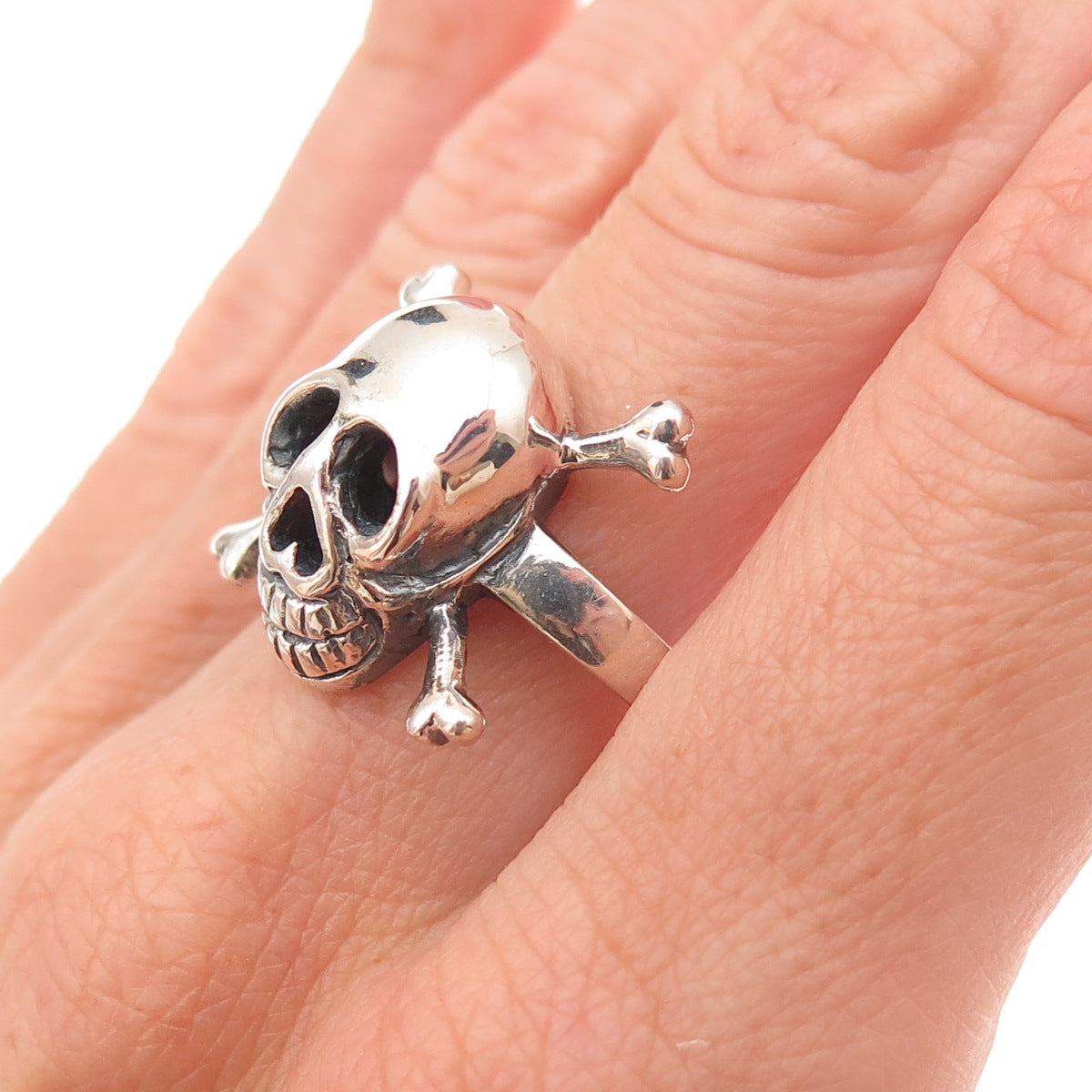 925 Sterling Silver Vintage Skull Crossbones Oxidized Biker Ring Size 10