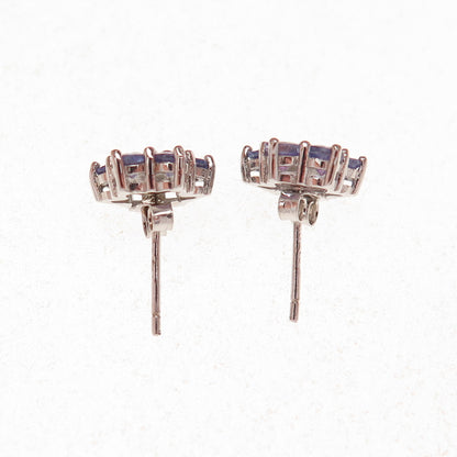 925 Sterling Silver Real Round-Cut Diamond & Tanzanite Floral Stud Earrings