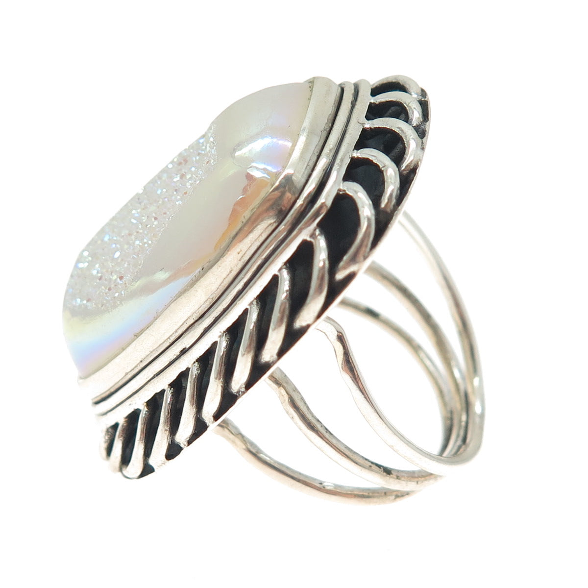 925 Sterling Silver Vintage Real Opalescent Druzy Modernist Ring Size 6.25