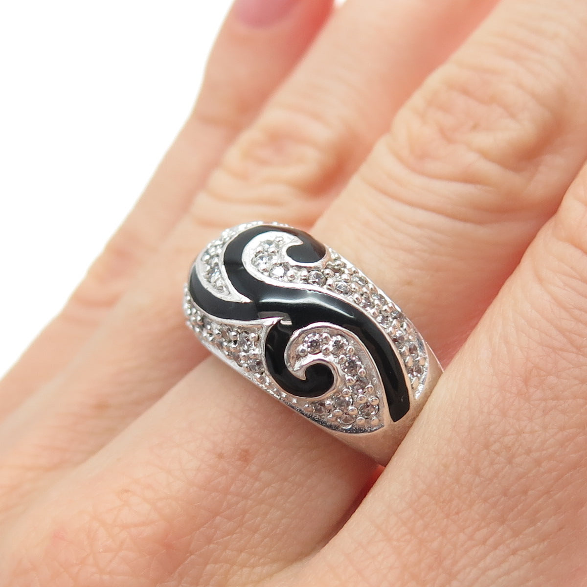 KEN CRAFTS 925 Sterling Silver Enamel & C Z Floral Swirl Ring Size 7