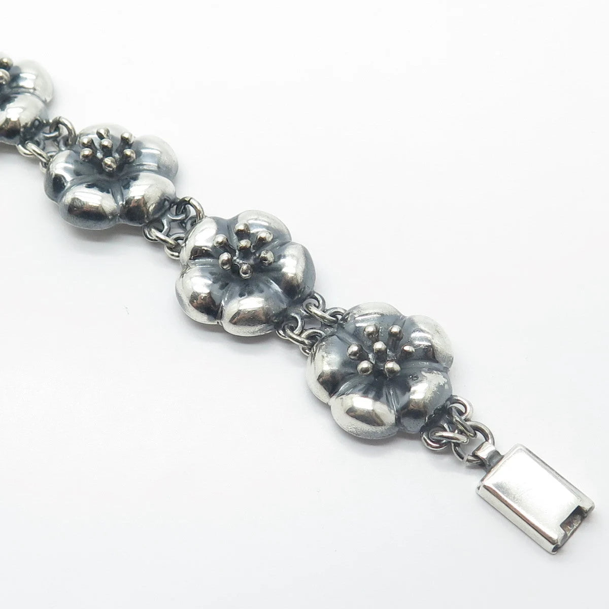 925 Sterling Silver Vintage CII Mexico Floral Link Bracelet 7.5"