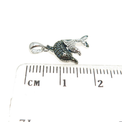 SUN 925 Sterling Silver Real Round-Cut Blue & White Diamond Dolphin Mini Pendant