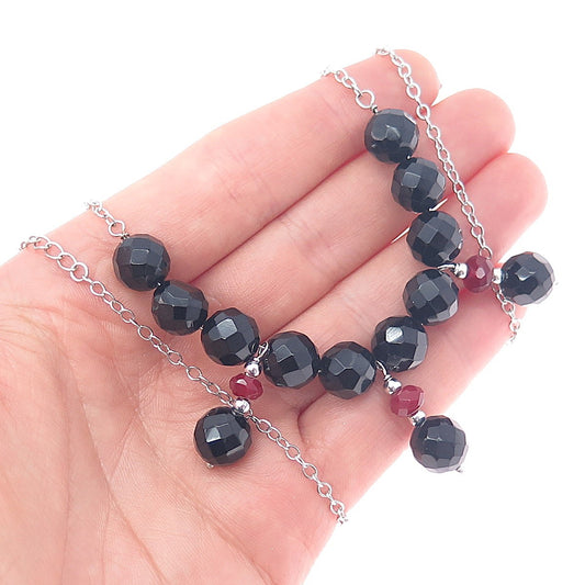 925 Sterling Silver Real Black Onyx & Carnelian Beaded Chain Necklace 16-18"