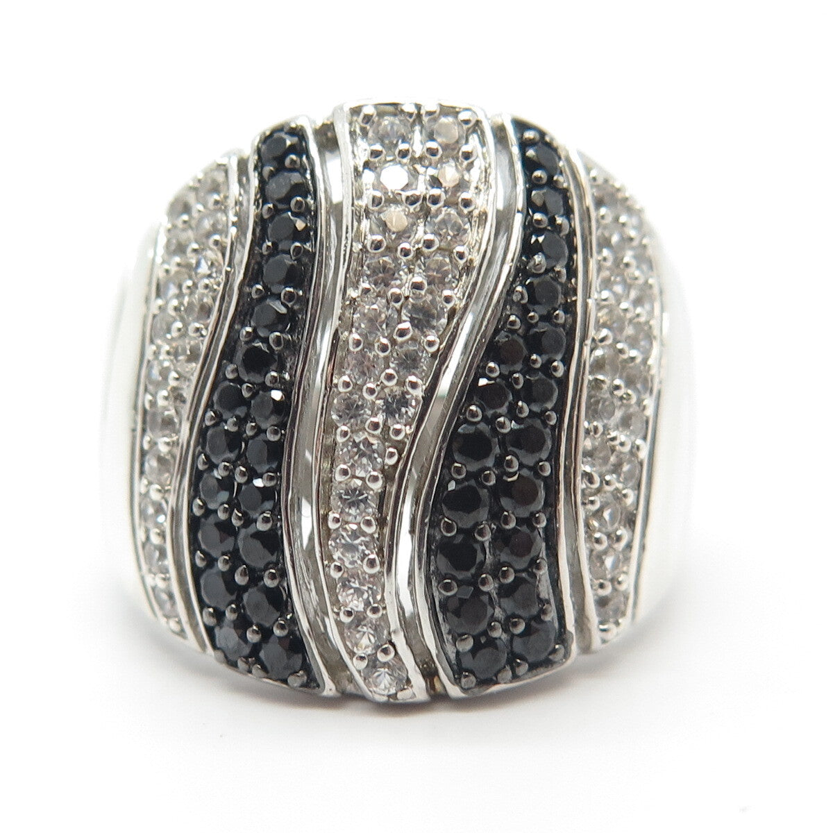 925 Sterling Silver Real White Topaz & Black Spinel Gem Wide Ring Size 10.25