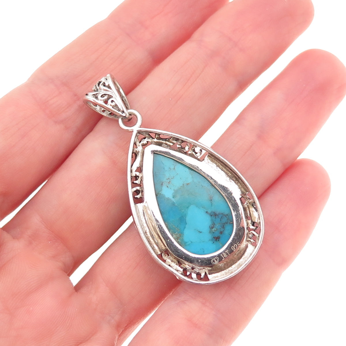 925 Sterling Silver Real Turquoise & Marcasite Teardrop Oxidized Charm Pendant