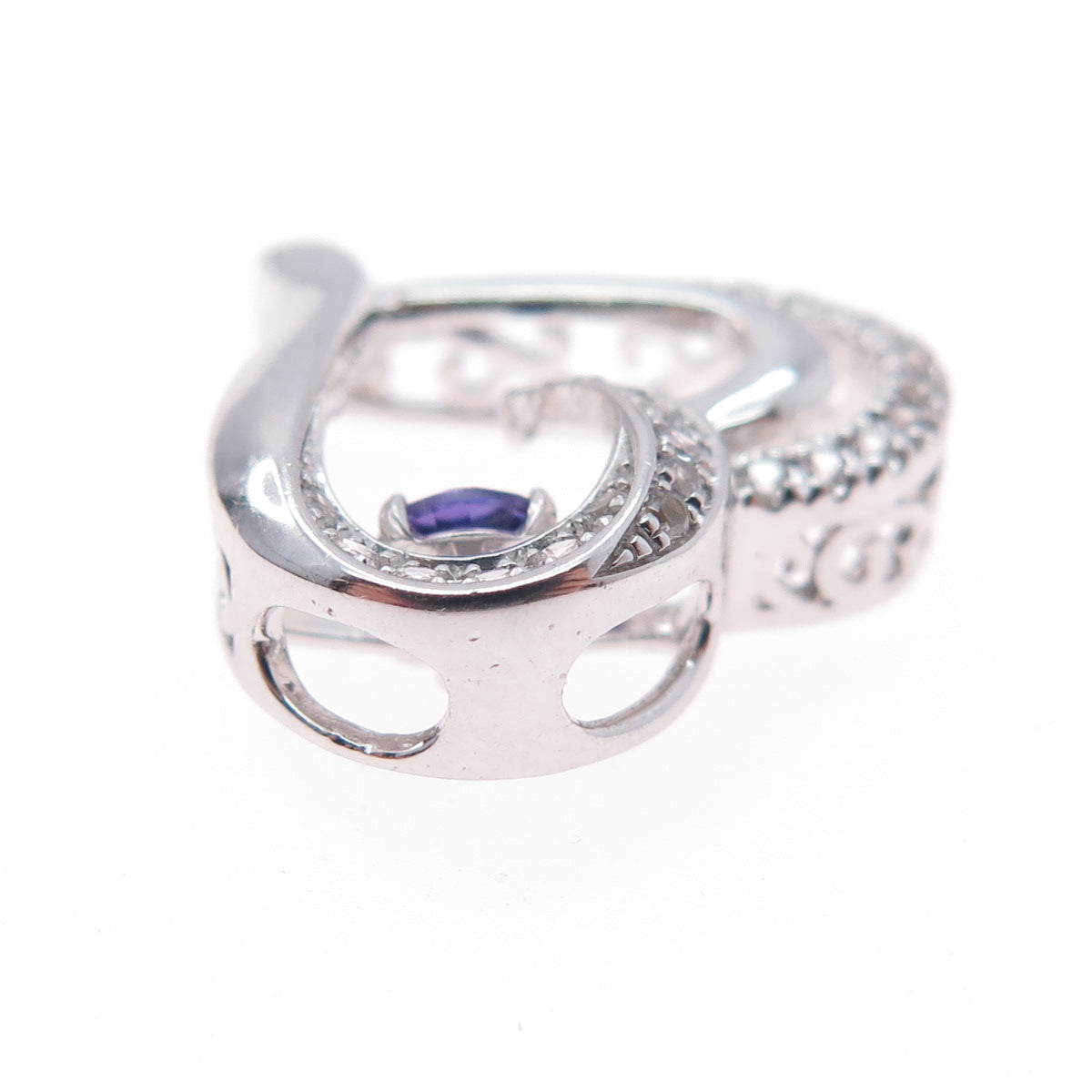 925 Sterling Silver Real White Topaz & Amethyst Heart Mini Slide Charm Pendant